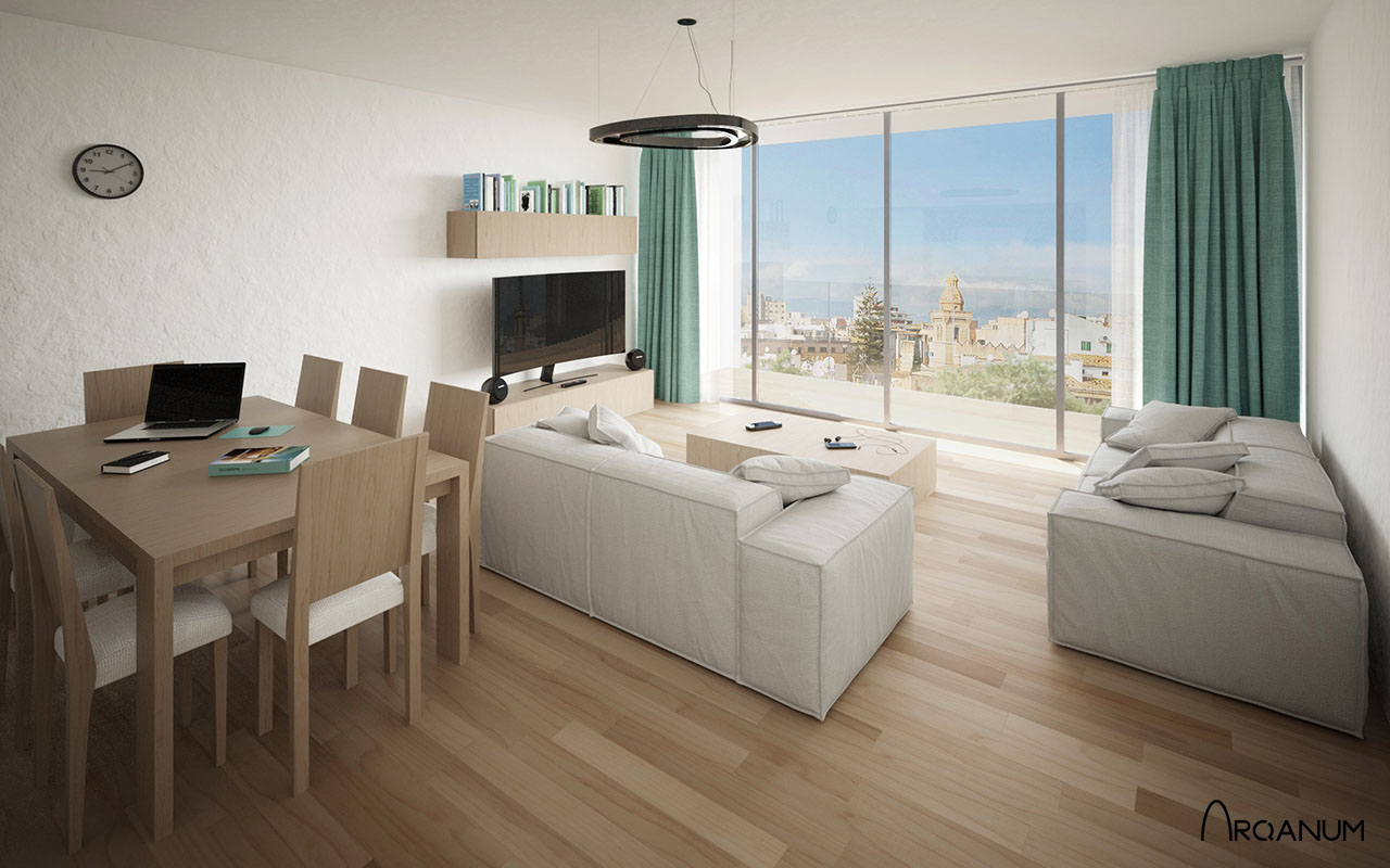 Five residential buildings in Palma, render living room